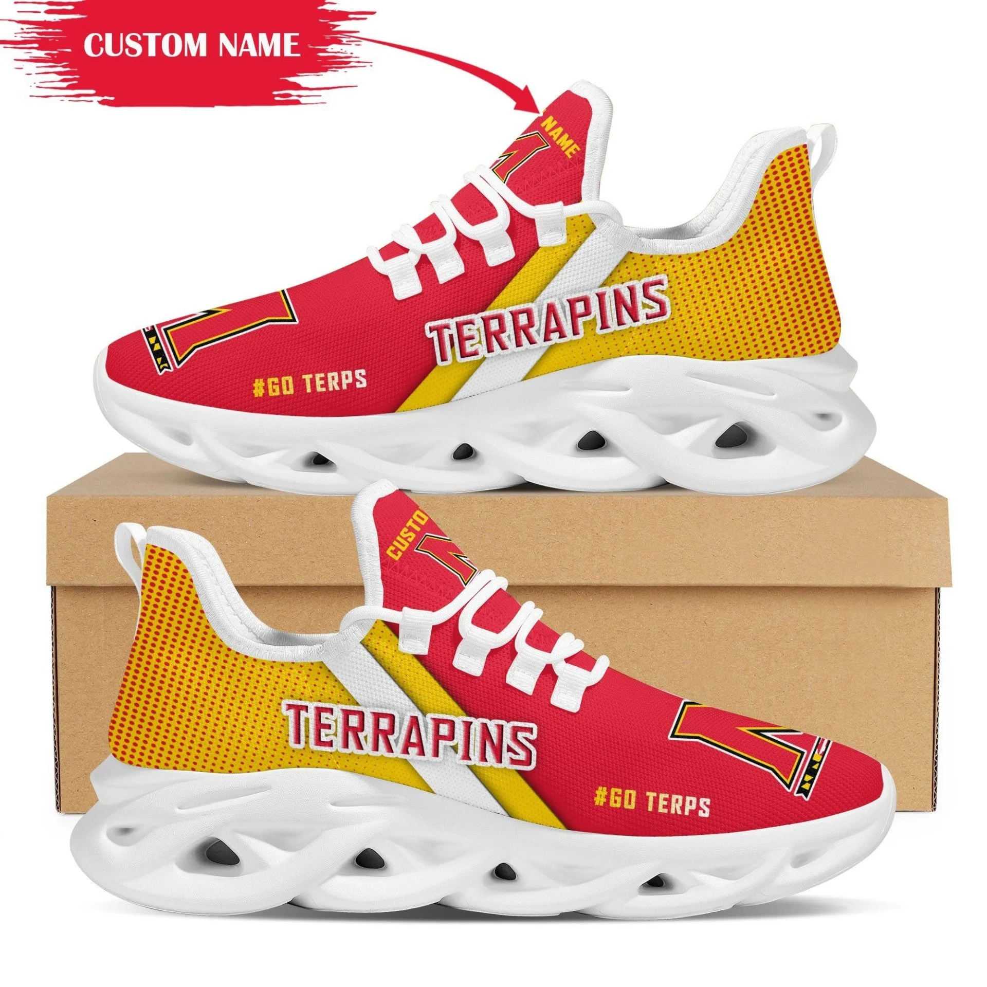 Maryland Terrapins Custom Name Red Yellow Max Soul Shoes V2 Sneakers  MS0601
