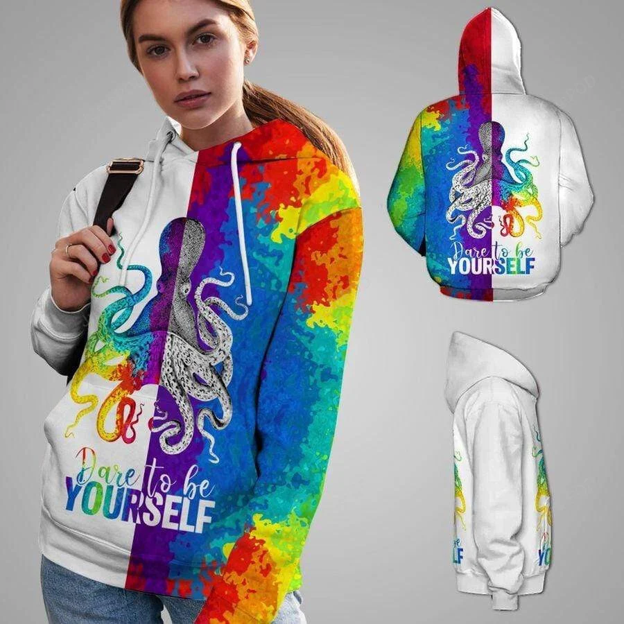 Dare To Be Yourself Rainbow Octopus LGBT 3D All Print Hoodie, Zip- Up Hoodie HZ0501
