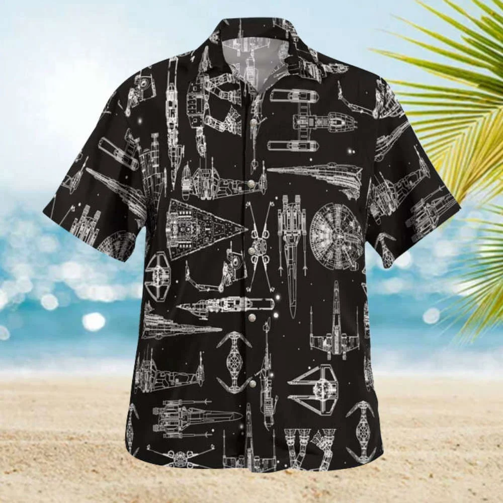 Space Ship Pattern Hawaiian Shirt Shorts Black Summer 2023 Hot HW0601