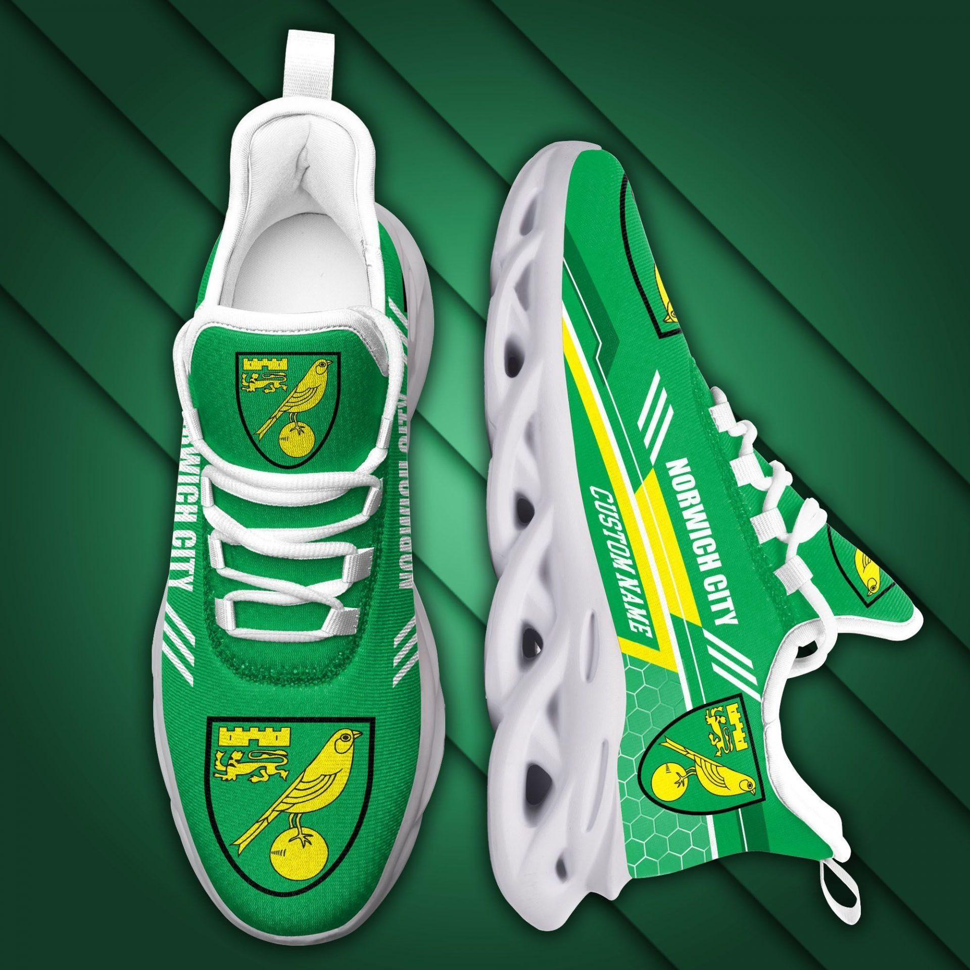 Norwich City FC Custom Name Green Yellow Max Soul Shoes Unisex MS0601