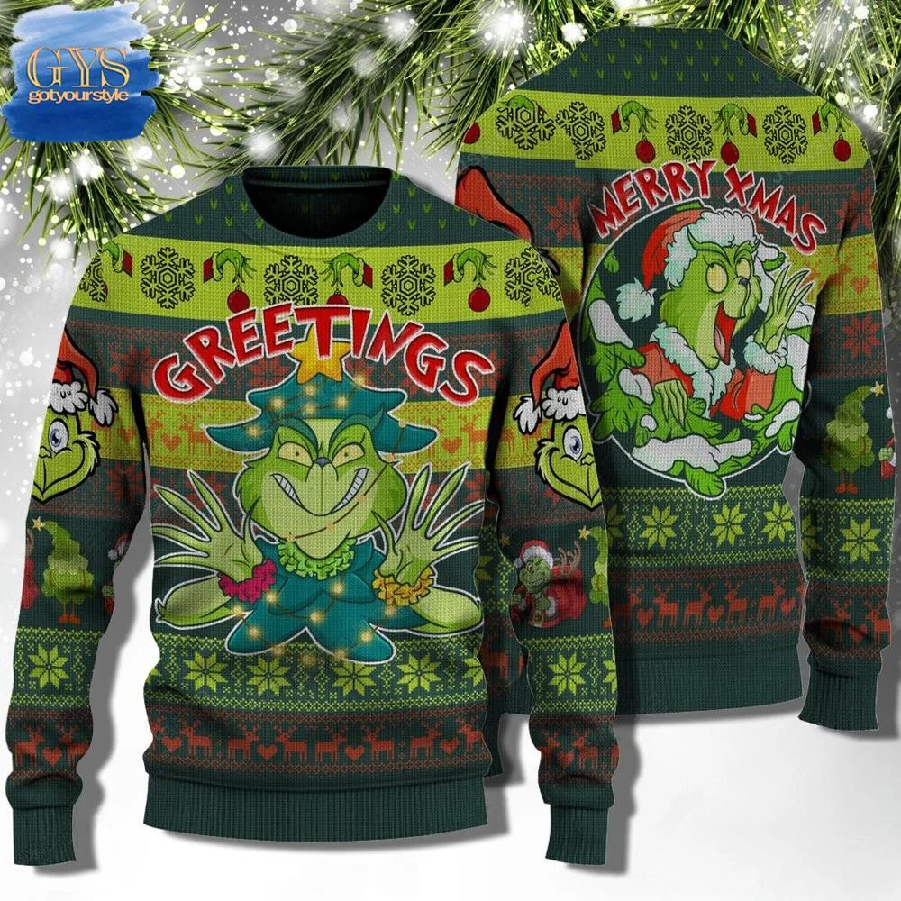 Greetings Green Monster Ugly Christmas Sweater , Cozy Soft Unisex Pullover SW0601
