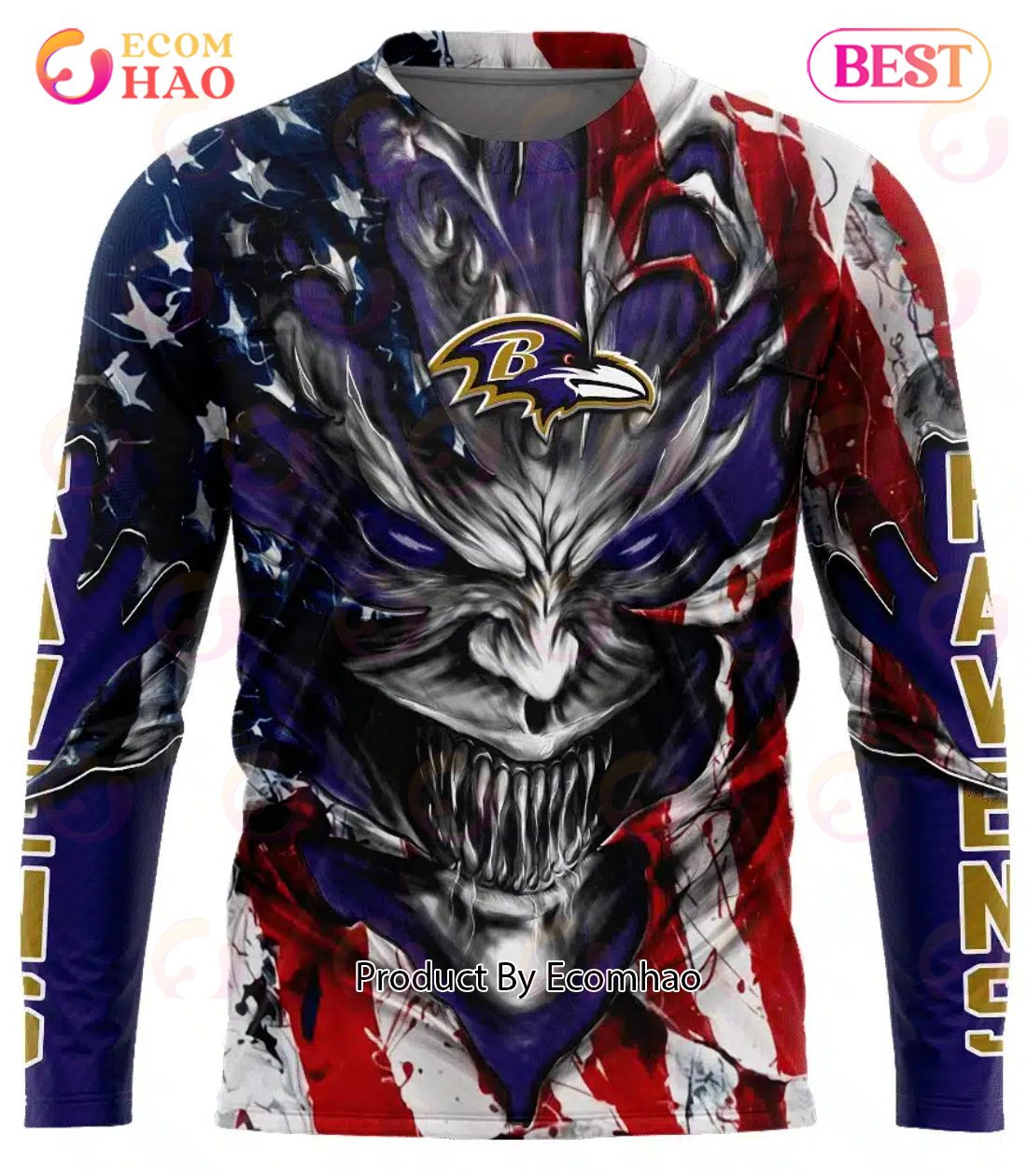 Baltimore Ravens Demon Face American Flag 3D Unisex Hoodie, Zip Hoodie, Man - Women, Warm, Premium Quality HZ0501