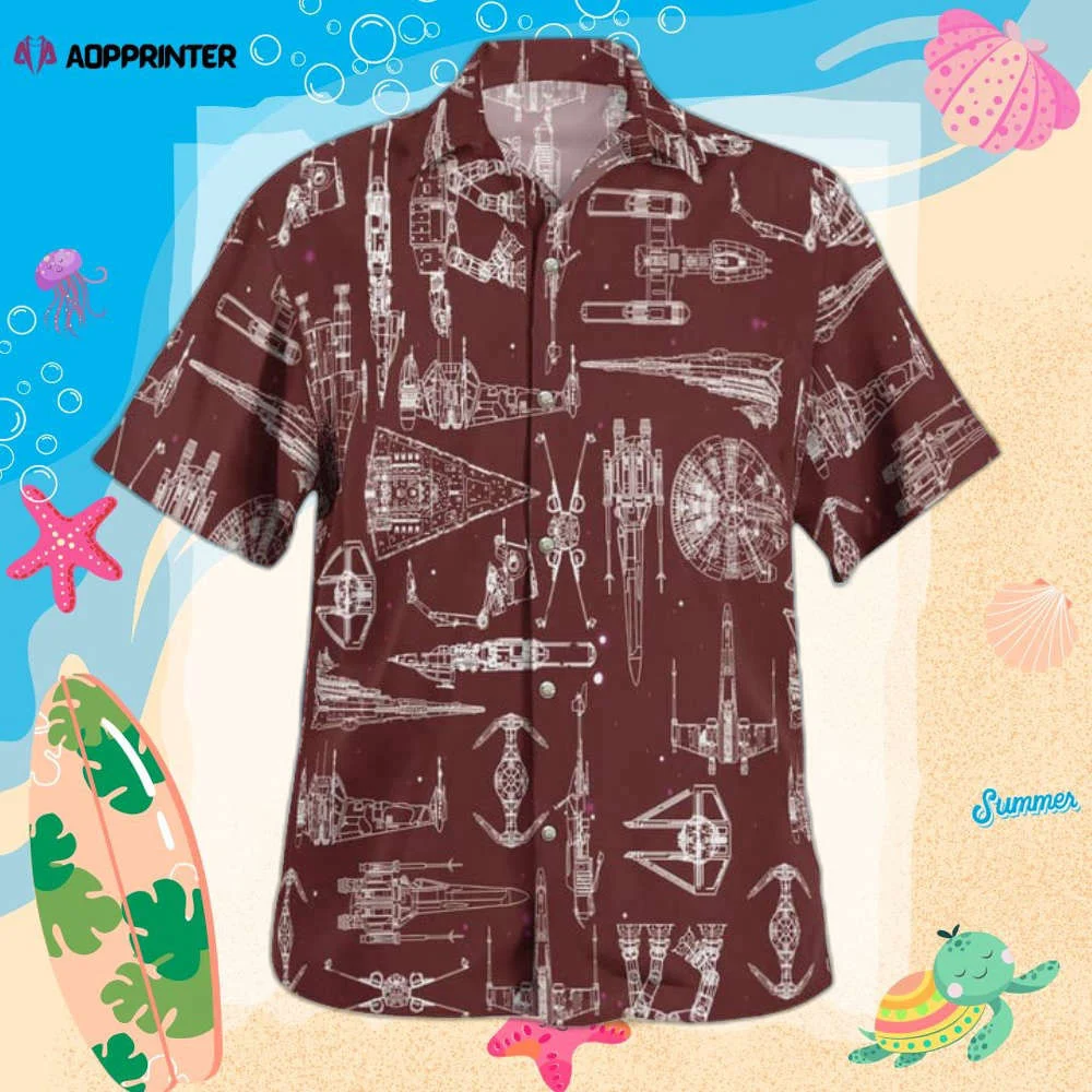 Space Ship Pattern Hawaiian Shirt Shorts Brown Summer 2023 Hot HW0601