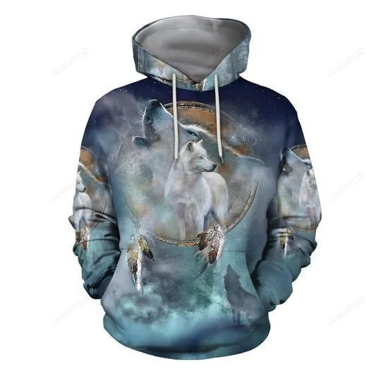 White Wolf Dreamcatcher Light Blue 3D All Over Printed Hoodie, Zip- Up Hoodie HZ0501