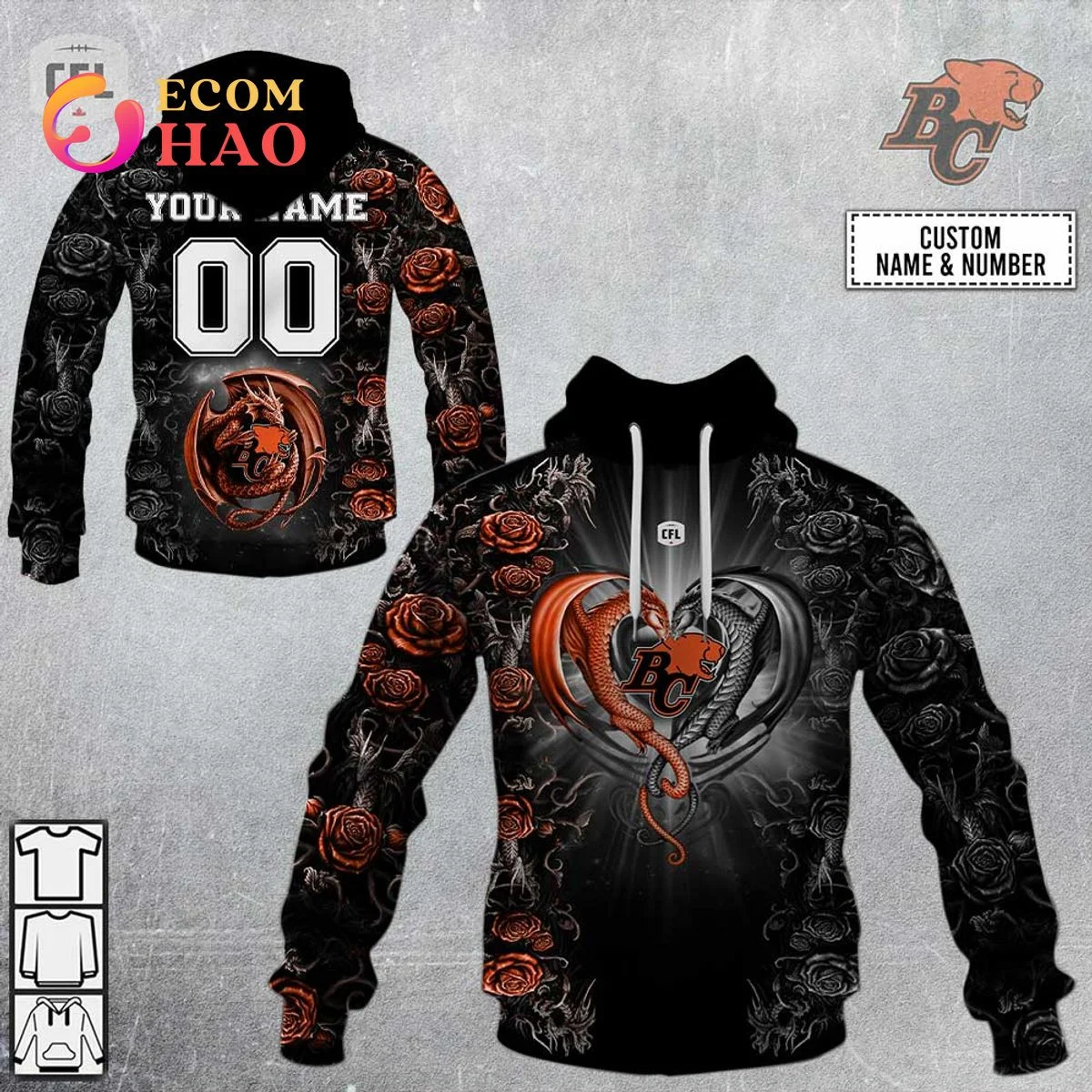 CFL BC Lions Rose Dragon 3D Hoodie, Zip Hoodie, Man - Women, Warm, Premium Quality HZ0501