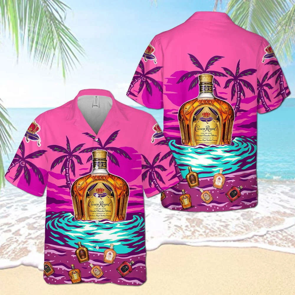 Crown Royal On The Sand Palm Tree Hawaiian Shirt Pink Coconuts HW0601