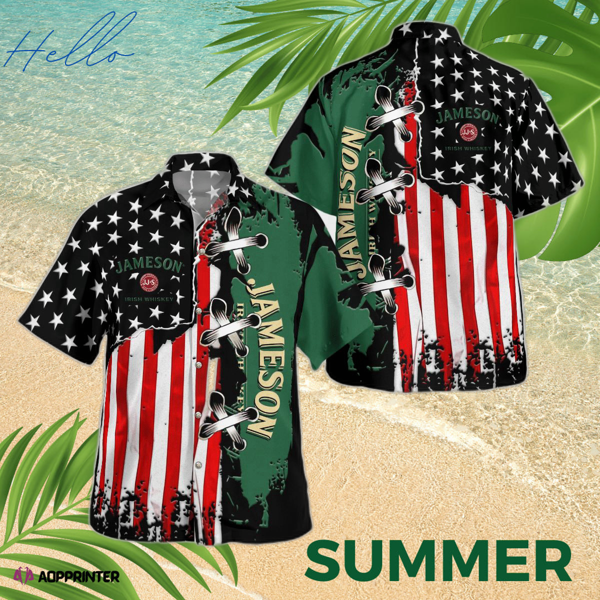 Green US Flag Stars Jagermeister All Over Print 3D Hawaiian Shirt Hot Summer Gift HW0601
