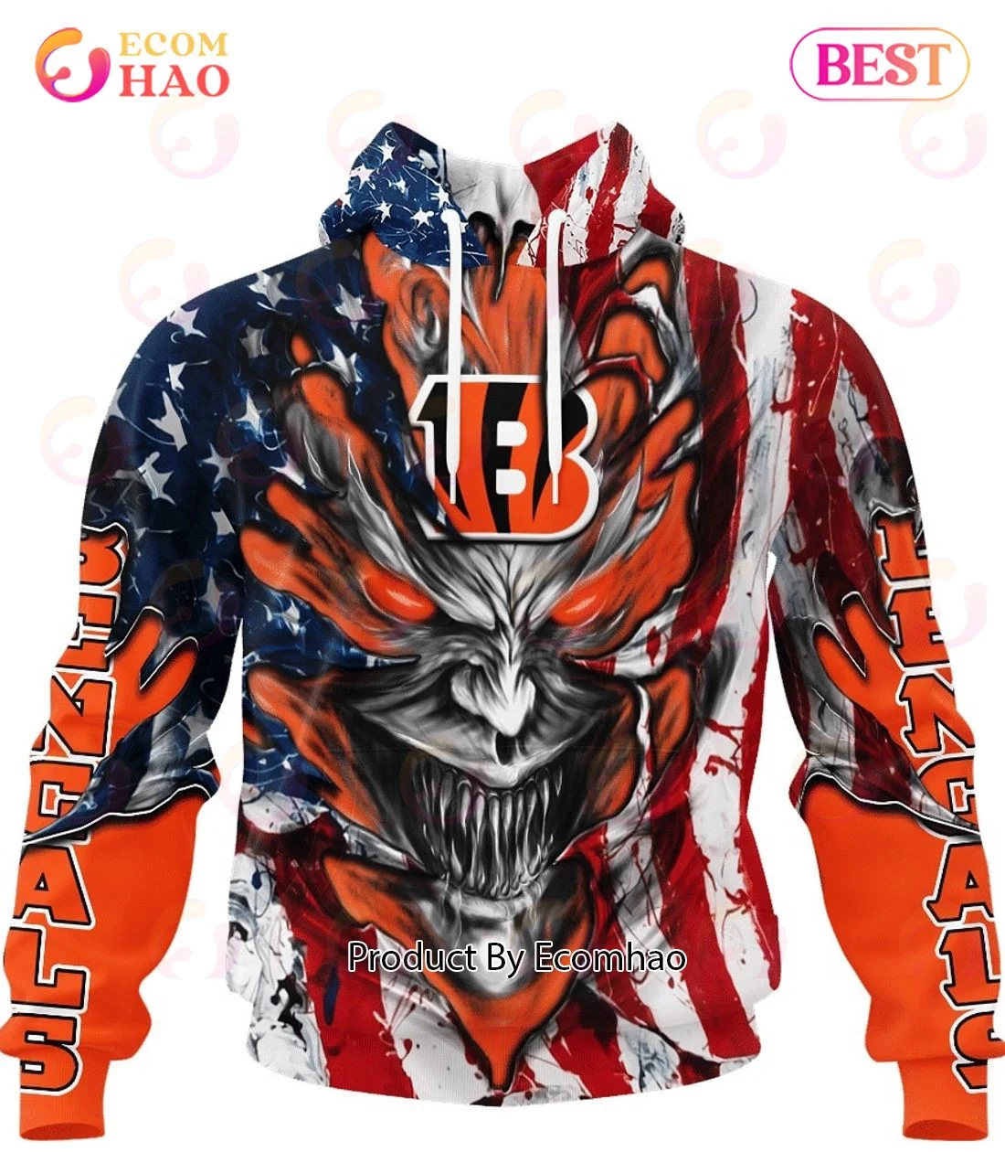 Cincinnati Bengals Demon Face American Flag 3D Unisex Hoodie, Zip Hoodie, Man - Women, Warm, Premium Quality HZ0501