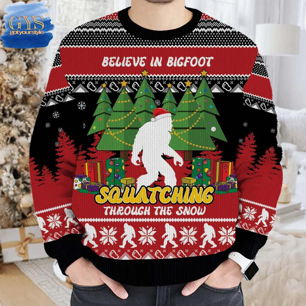 Bigfoot Squatching Through The Snow Christmas Ugly Sweater , Cozy Soft Unisex Pullover SW0601