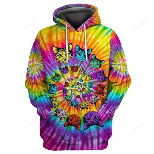 Tie Dye Hippie Cat Cute 3D All Over Printed Hoodie, Zip- Up Hoodie HZ0501
