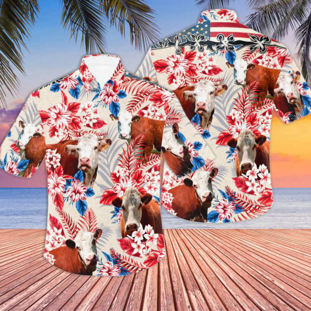 Hereford Cow American Flag Floral Tropical Hawaiian Shirt Summer Trending HW0601