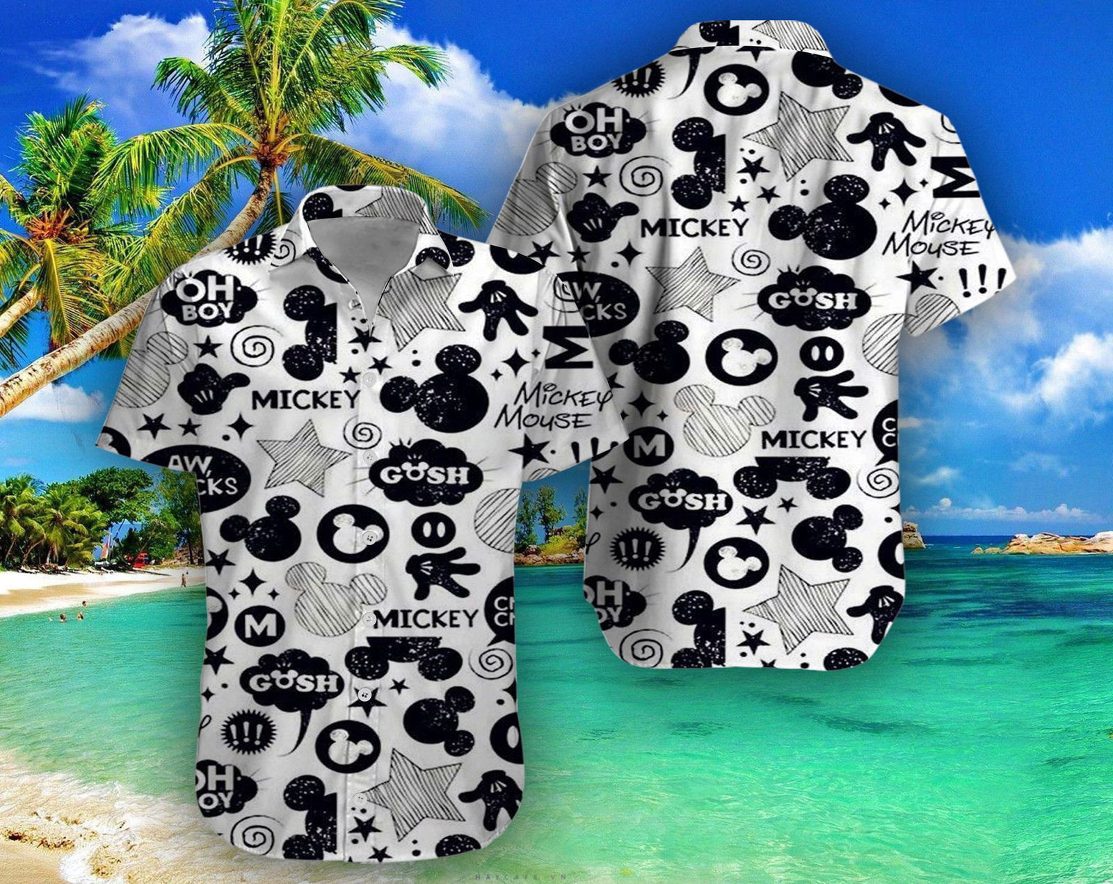 Disney Mickey Mouse Floral Aloha Hawaiian Shirt Cartoon Black 01 HW0601