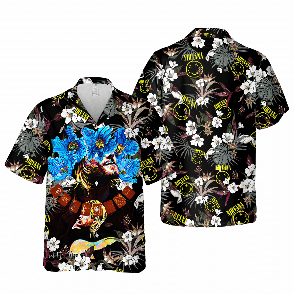 Nirvana Merch Kurt Cobain Art Rock Music Blue Flowers Cuban Shirt Premium Unique Hawaiian Shirt HW0601